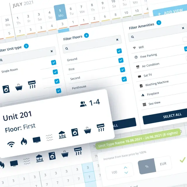 The amenities feature in Rentlio Plus PMS allows for smooth and easy searching of accommodation units and properties