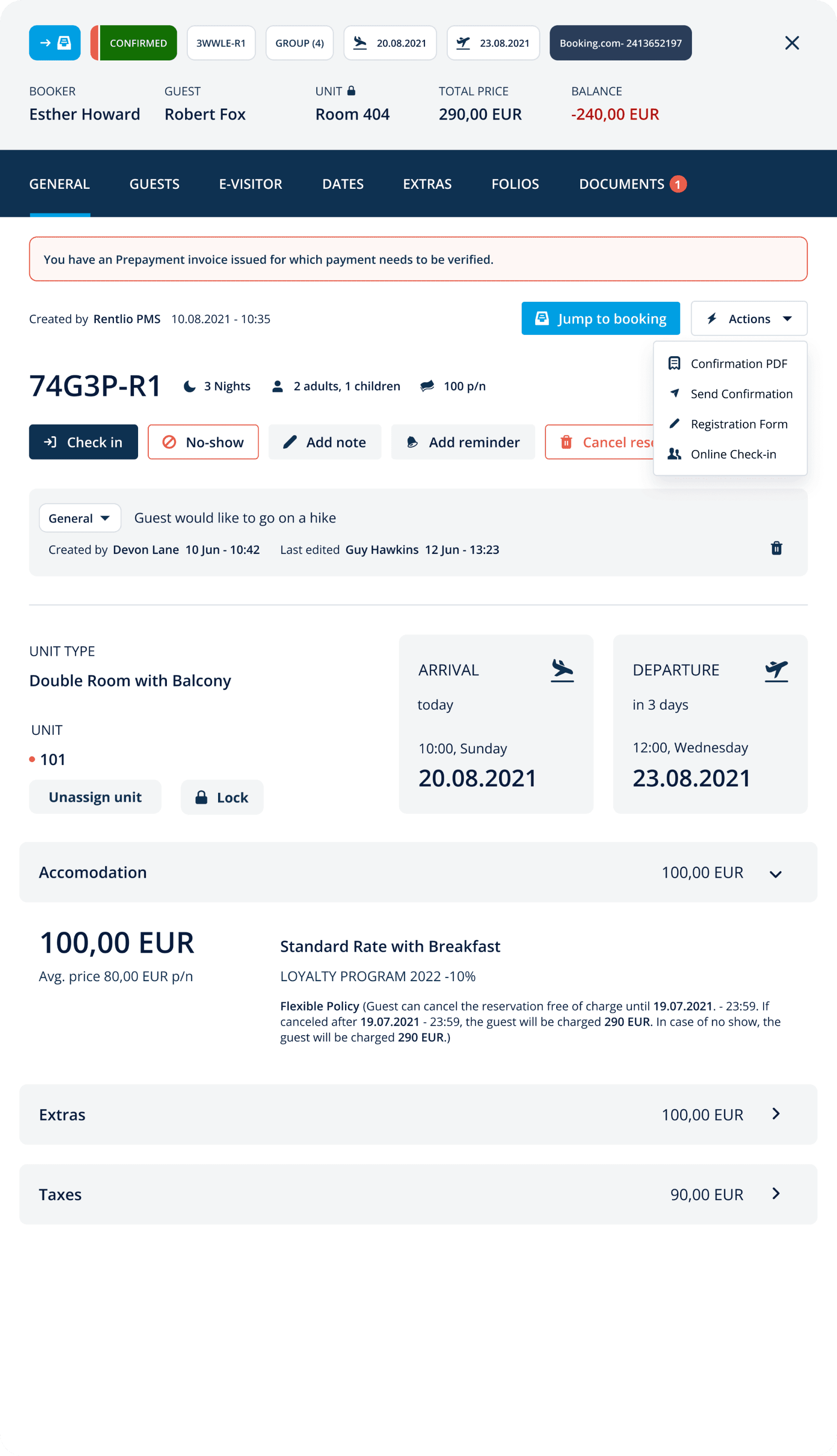 Rentlio Pro interface showing guest arrivals and departures