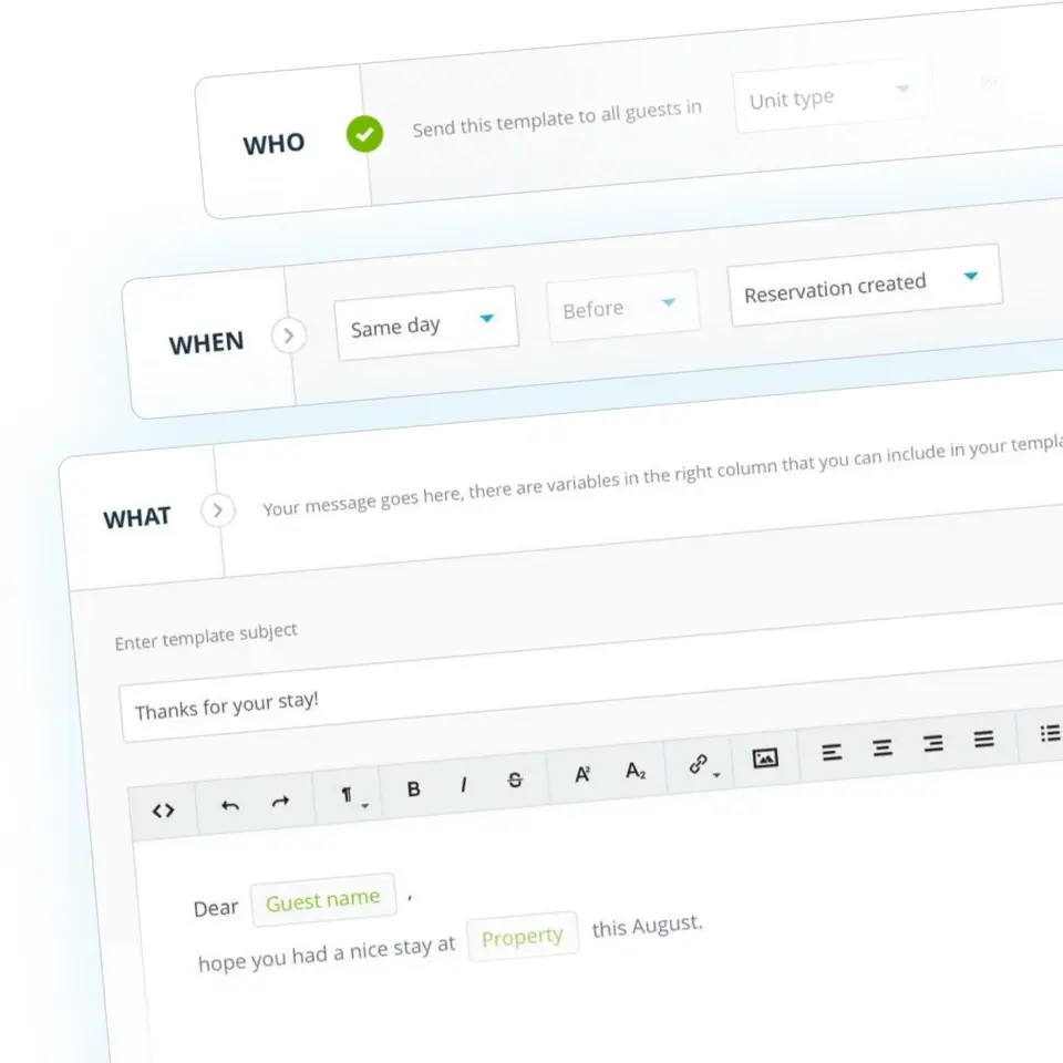 Ubrzajte komunikaciju s gostima putem predefiniranih email, SMS i WhatsApp predložaka koji su vam na raspolaganju unutar Rentlio Plus PMS sustava