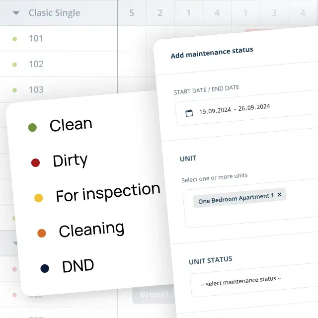 The housekeeping system within Rentlio Plus PMS enables you to designate cleanliness or usage status for every unit at the property level